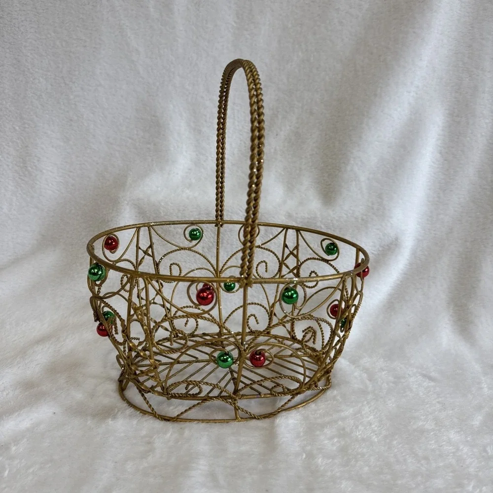 Gold‎ Wire Christmas Basket with Red and Green Ornaments Holiday Decor 11 inch